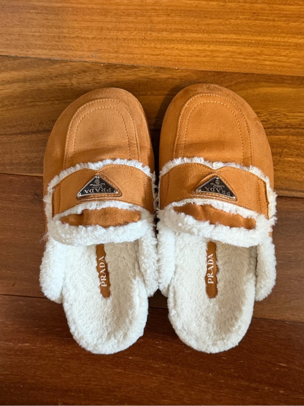 Tan Suede Shearling-Lined Slip-On Mules